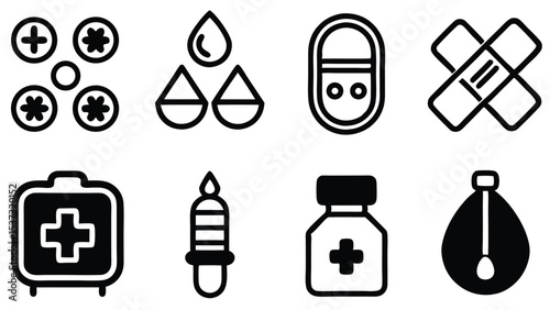 Simple black and white medical icons representing healthcare remedies and first aid elements