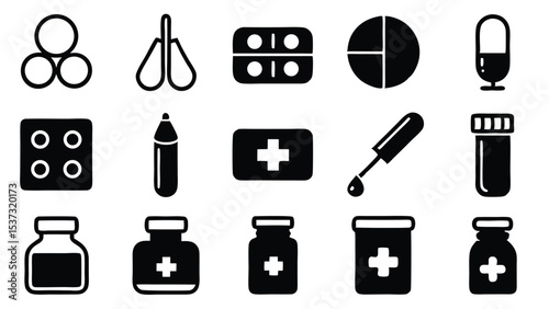 Simple black and white medical icons representing pills medications and medical equipment