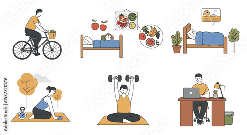 Healthy lifestyle activities including exercise, nutrition, sleep, and work from home vector illustration