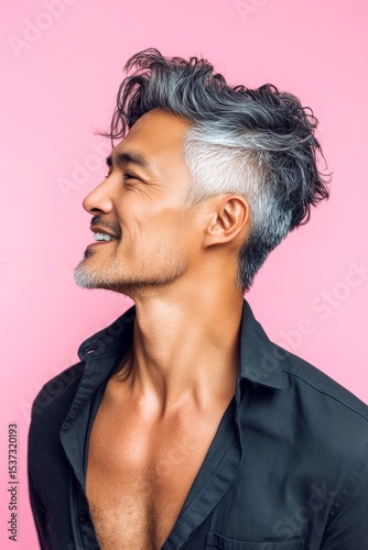 Wallpaper Mural Pink solid background. Conceptual art of style for aging men. A midlife man posing for a portrait. Trendy men's slicked back haircut - midlife southeast asian man with curly hair. Torontodigital.ca