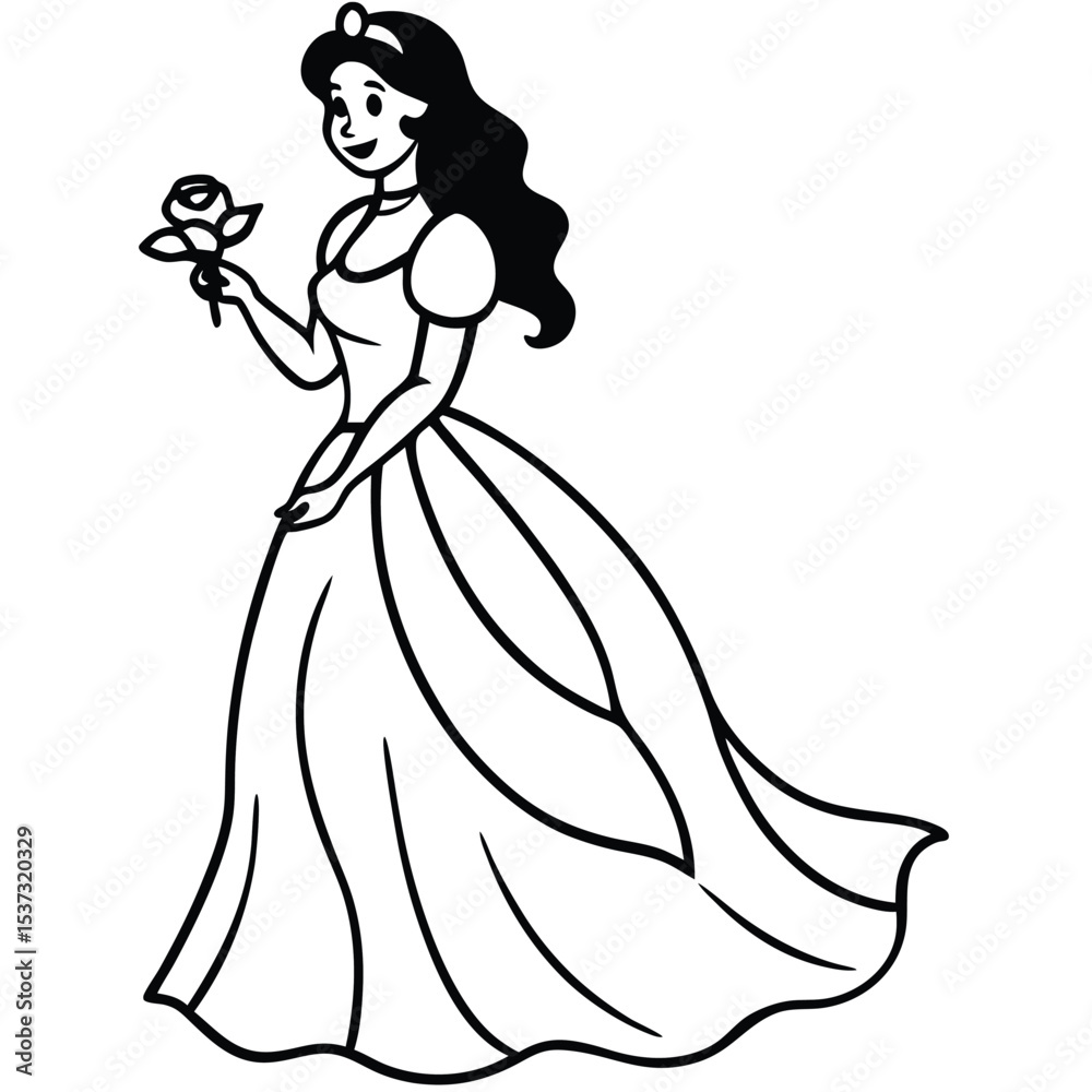 Fototapeta premium Princess in gown holding a rose black and white illustration