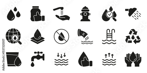 Sustainable Water Usage, Recycling, And Resource Protection Silhouette Symbol Collection. Hydration, Sanitation, And Environmental Care Solid Icon Set. Isolated Vector Illustration