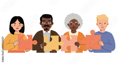 Diverse team solving puzzle together for collaboration and teamwork concept vector illustration