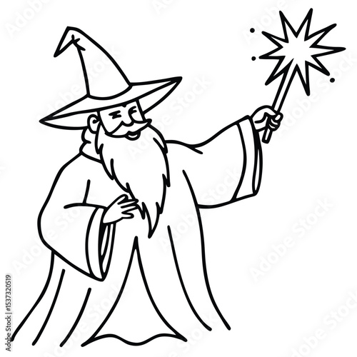Wizard with long beard holding magic wand