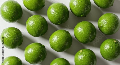 Fresh, vibrant green limes arranged in a neat pattern on a white background