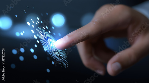 Finger touching digital fingerprint icon in biometric identification concept.
 photo