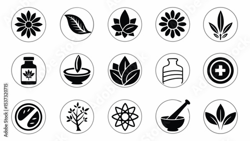 Vector icons of natural herbs and organic remedies for wellness and healthcare.