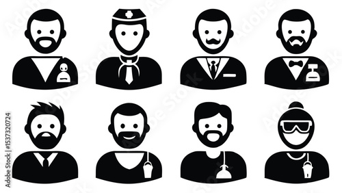 Vector icons of various professions featuring barbers doctors policemen and bartenders in silhouette
