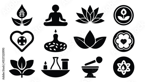 Vector illustrations depicting wellness elements and yoga practices in monochrome style