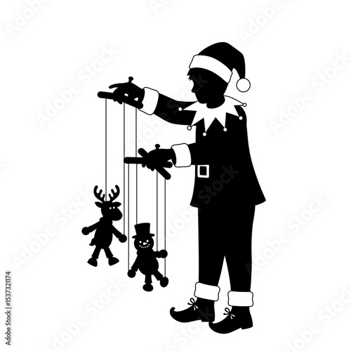 Silhouette of elf controlling christmas puppets show