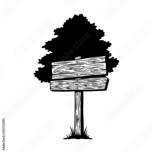 Wooden signpost stands before a silhouetted tree