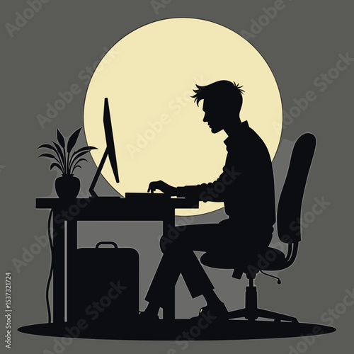 Silhouette of a man working at a desk in front of a full moon  