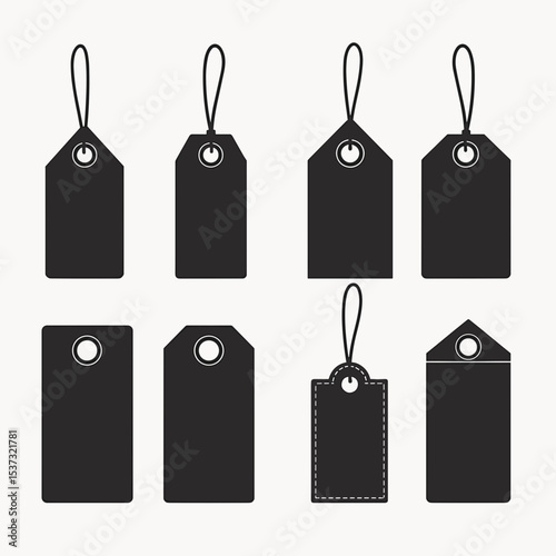 Blank price tags in various shapes and styles on a minimalist background  