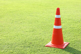 Traffic cone on green lawn background