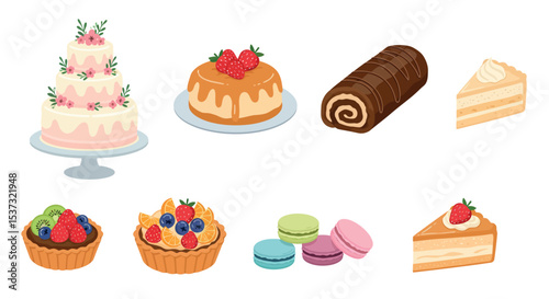 Assorted desserts with cakes, tarts, and macarons for a celebration vector illustration