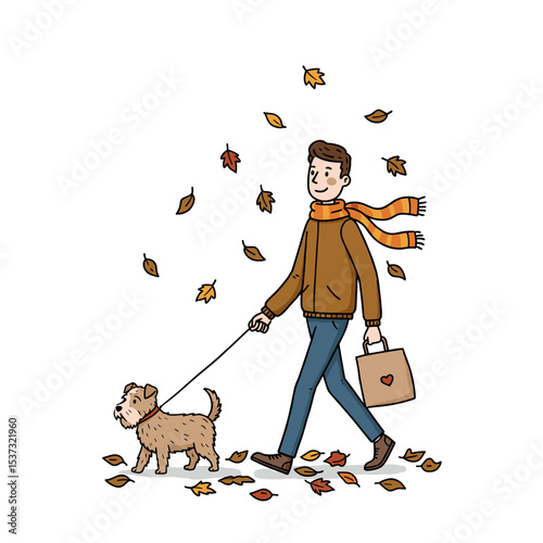 Man walking dog with shopping bag in autumn leaves  