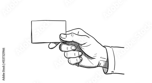 Hand holding blank business card in minimalist line art style  