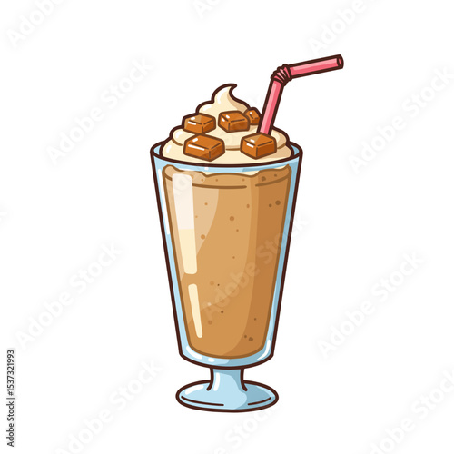 Coffee milkshake in glass with ice cubes and straw on white background  