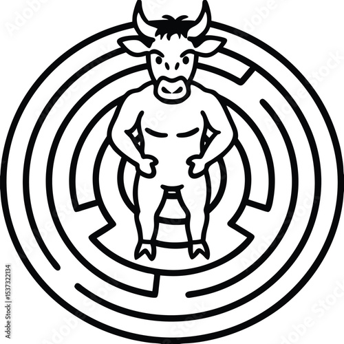 Minatotaur in a circular maze line art illustration