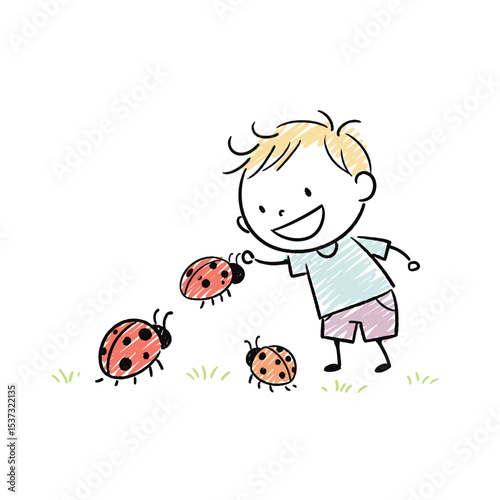 Young boy playing with ladybugs in a grassy field  