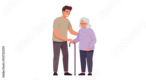 Caring young man assisting elderly woman with walking cane in everyday interaction vector illustration