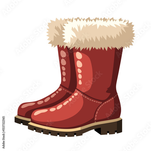 Red winter boots with fur trim and sturdy wooden sole
