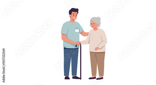 Caring interaction between elderly woman and young man for elder support concept vector illustration
