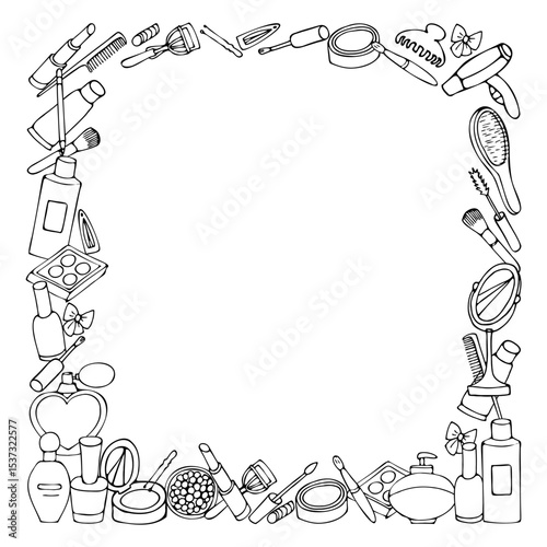 Square frame of hand drawn cartoon style cosmetics and perfume illustrations. Outline drawing.