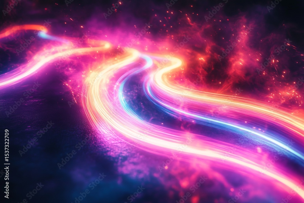 Obraz premium Abstract Neon Light Trails in Space, Cosmic Energy Flowing Through a Nebula, Futuristic Design.