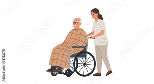 Elderly caregiver assisting senior in wheelchair with warm blanket vector illustration