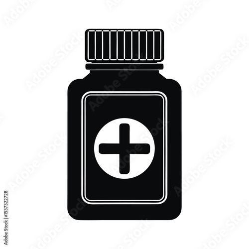 Black and white medicine bottles with a cross icon, symbolizing medical first aid minimalist medicine bottle silhouette icon