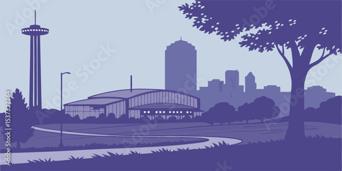 Grand Prairie skyline silhouette with Verizon Theatre, Lone Star Park, and suburban sprawl.