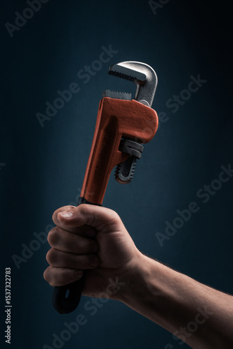 Adjustable pipe wrench in male hand on dark blue background.