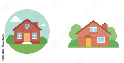 Beautiful brick house exterior with classic red brick home design vector art set