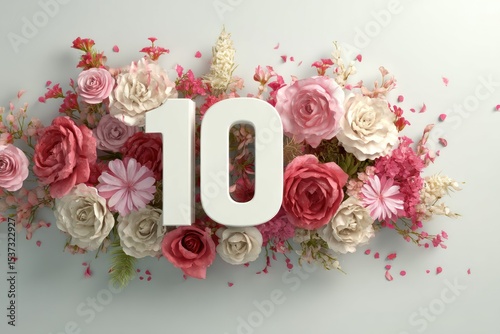 Elegant Number 10 Adorned with Vibrant Roses and Petals on a Light Background, Celebrating Beauty and Harmony, Concept of Floral Design, Decoration, Anniversaries, and Special Events