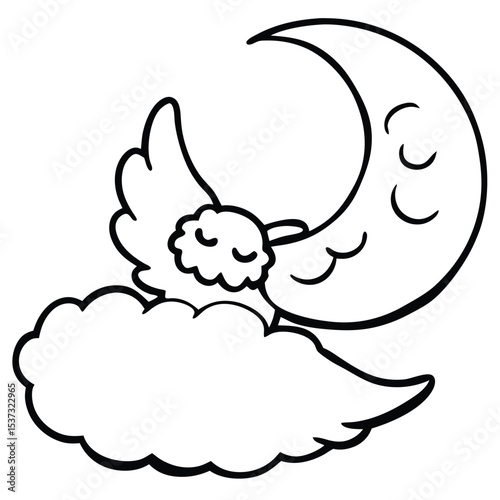 Cute angel sleeping on a cloud with crescent moon