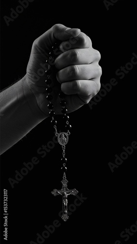 Devoted Grip – Black and White Rosary in Hand with Intense Emotion