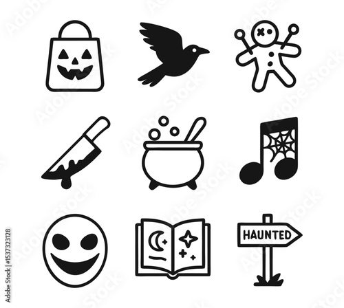 Halloween Line Icons – Trick or Treat Bag, Raven, Voodoo Doll, Cauldron, Knife, Haunted Sign, Horror Mask and Spellbook – Spooky Vector Set on Transparent Background
