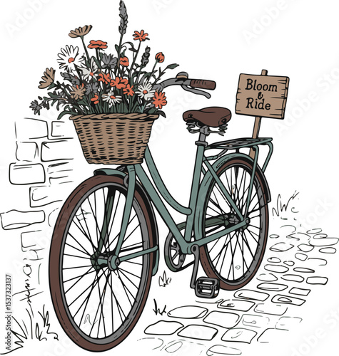 Illustration of a bicycle adorned with a basket of flowers ready for a relaxed ride