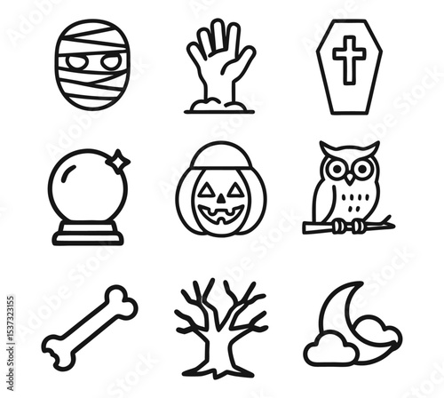 Halloween Line Icons – Mummy, Rising Hand, Coffin, Crystal Ball, Owl, Bare Tree and Moon – Spooky Outline Vector Set on Transparent Background
