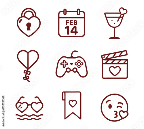 Valentine's Day Line Icons – Heart Lock, Feb 14 Calendar, Love Game Controller, Drink and Kiss Emoji – Minimal Vector Pack on Transparent Background
