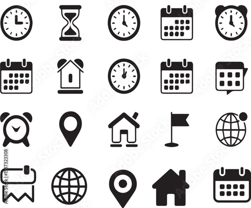 Collection of black and white iconography illustrating time location and schedule concepts