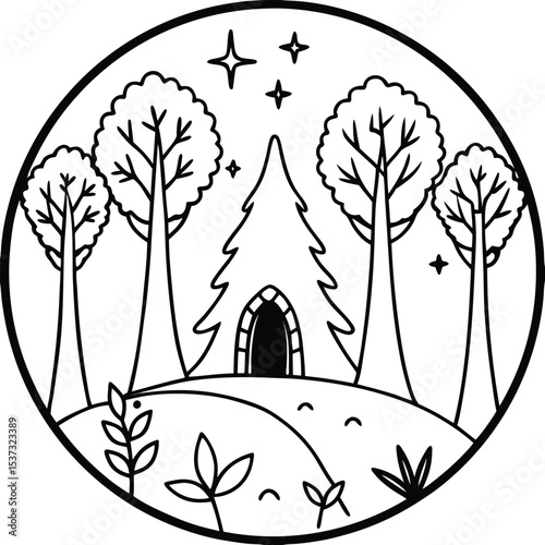 Enchanted forest cabin line art illustration