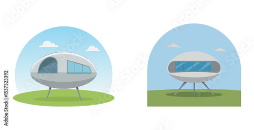 Futuristic space capsule house exterior with sleek home design vector art set