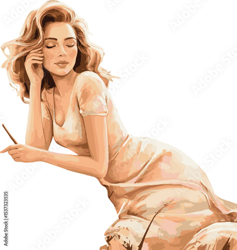 Elegant woman relaxing with eyes closed and soft lighting in a graceful vector illustration