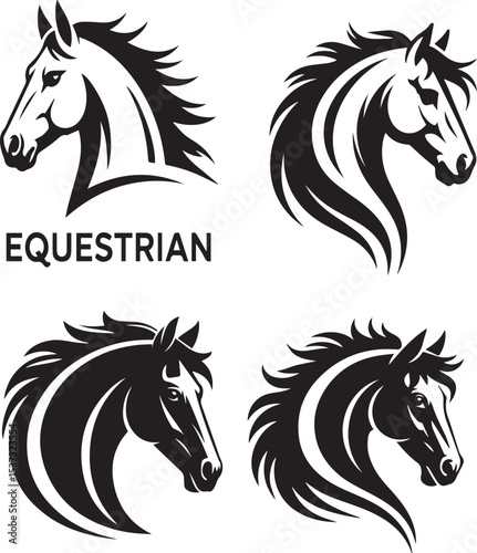 Equestrian design featuring four stylized horse head silhouettes in black and white graphic art