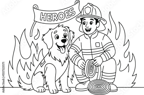 Firefighter with a rescue dog and "heroes" banner in a line art illustration.