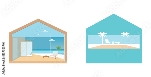 Stunning modern beach house with large glass window vector home design art set