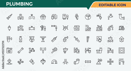 Plumbing vector icon set. Contains such symbols as plumber, plumb, construction, repair, bath, equipment and more. Repair related icon set. Icons for website. Vector illustration. Pixel perfect.