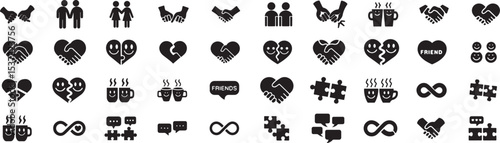 Friendship Day Icon Set with Heart, Puzzle, and People Silhouettes